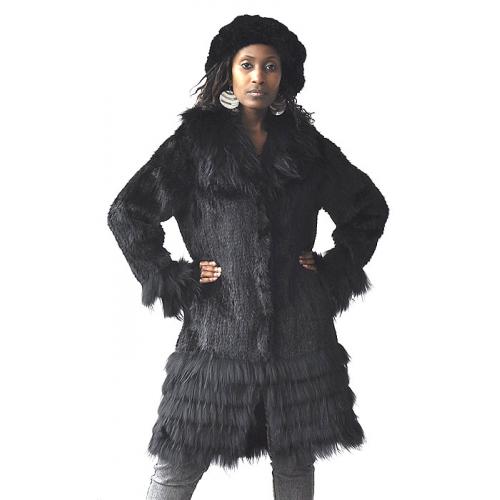 Winter Fur Ladies Black Genuine Knitted Mink 3/4 Coat With Raccoon Trimmings W09KQ02